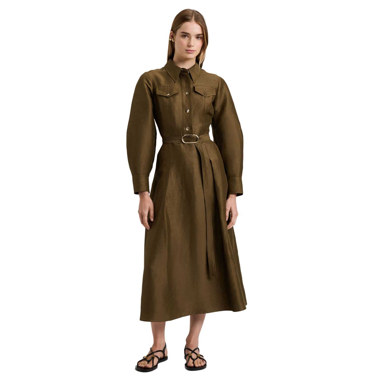 Veronika Maine Linen Viscose Blend Belted Midi Dress